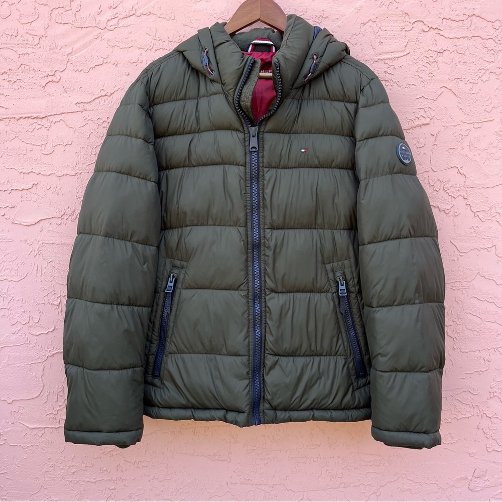 Tommy Hilfiger Puffer Full Zip Jacket Hood Olive Green Adult Size Medium